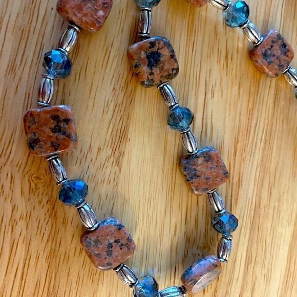 Unakite Jasper & Blue Crystal Necklace 26” Gorgeous - Picture 2 of 8